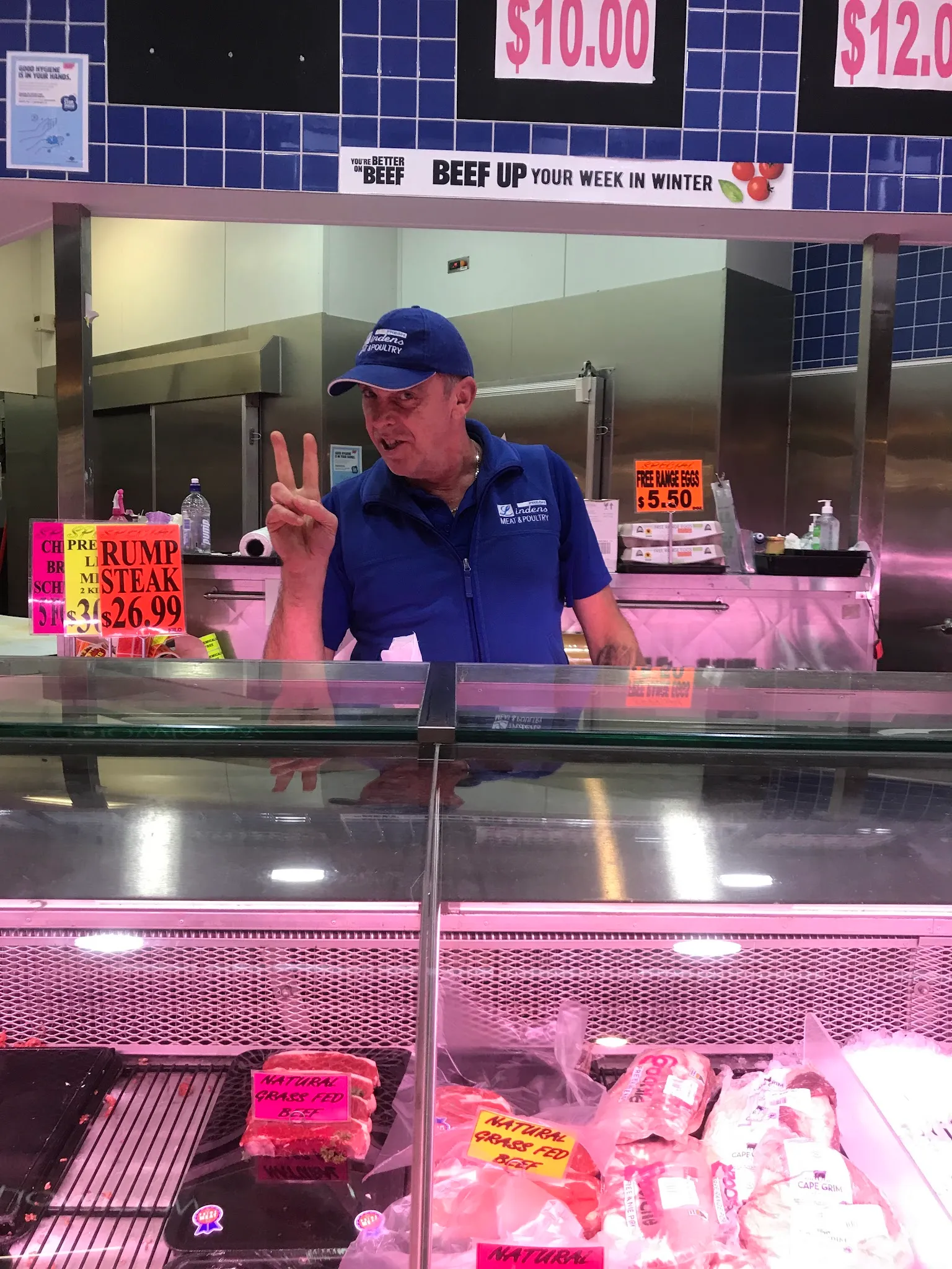 Inside Lindens Meats at Karingal Hub — the full length of the fresh meat counter