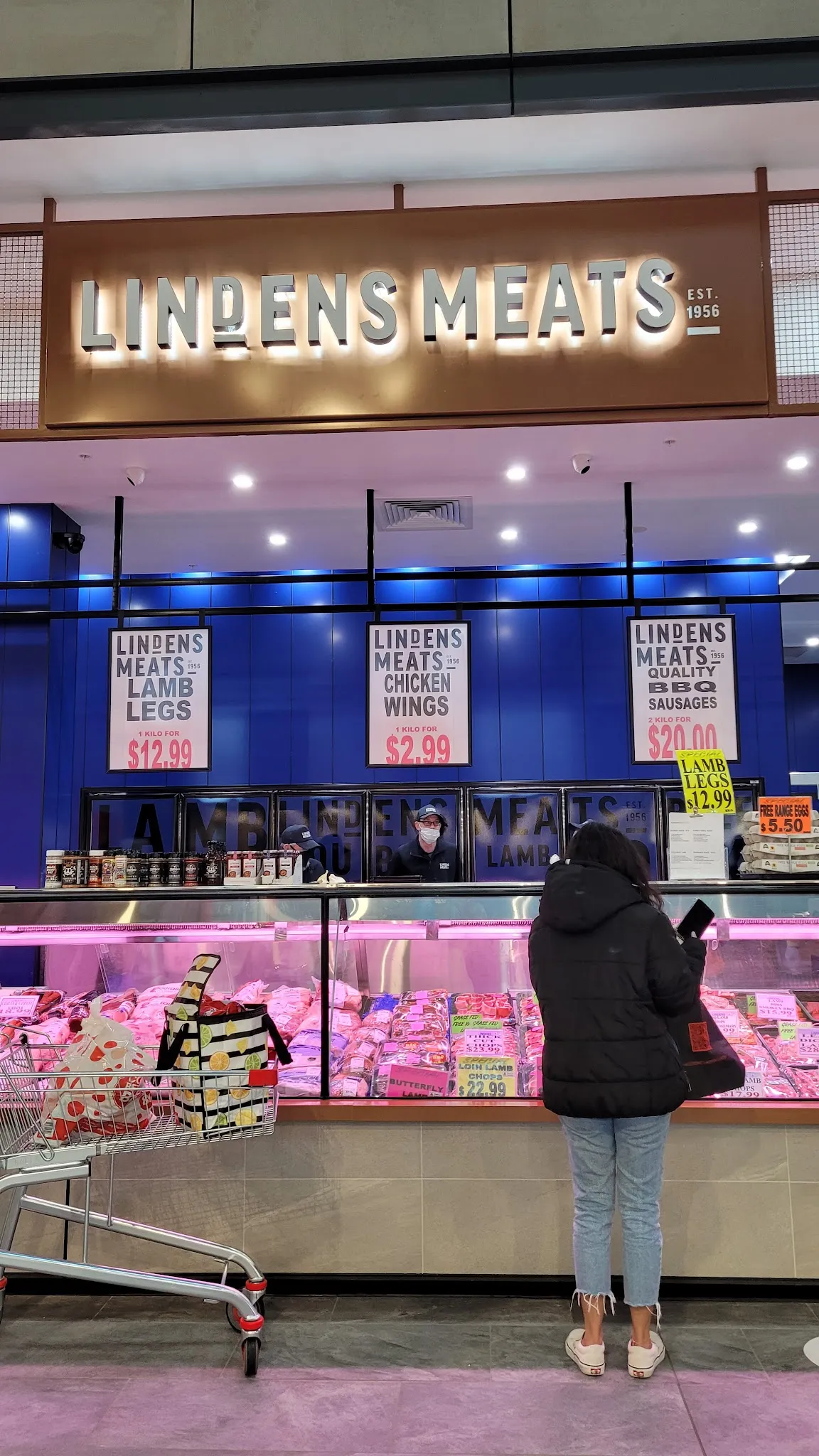 Lindens Meats product range showing fresh cuts and prepared items behind the glass display